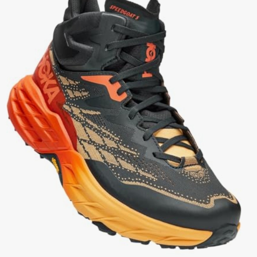 Hoka Speedgoat 5 Mid GTX Gore-Tex WATERPROOF Hiking Boots Black / Orange Yellow - Picture 5 of 12